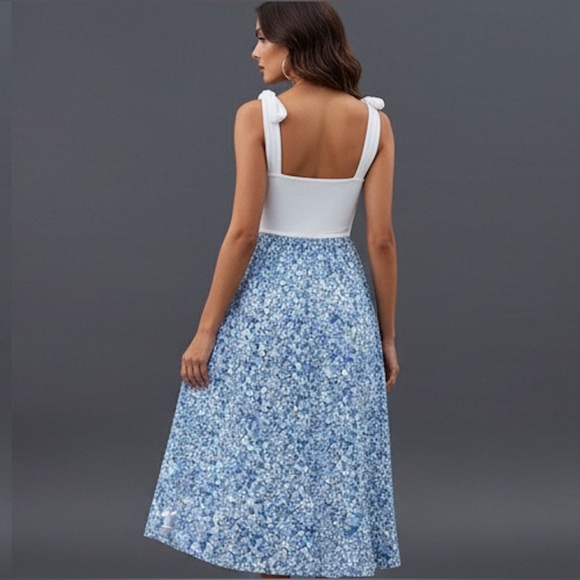 Blue Boho Floral Print Knot Shoulder Split Thigh Dress - Picture 4 of 5